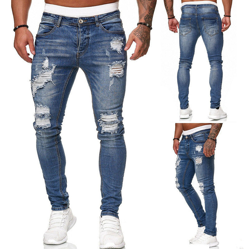 Fashion Street Style Ripped Skinny Jeans Men Vintage Wash Solid Denim Trouser Mens Casual Slim Fit Pencil Denim Pants