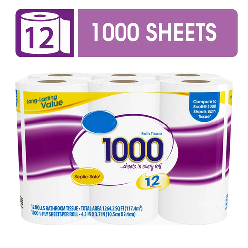 1000 Sheets per Roll Toilet Paper, 12 Rolls, Compare to Scott 1000 Sheets Bath Tissue