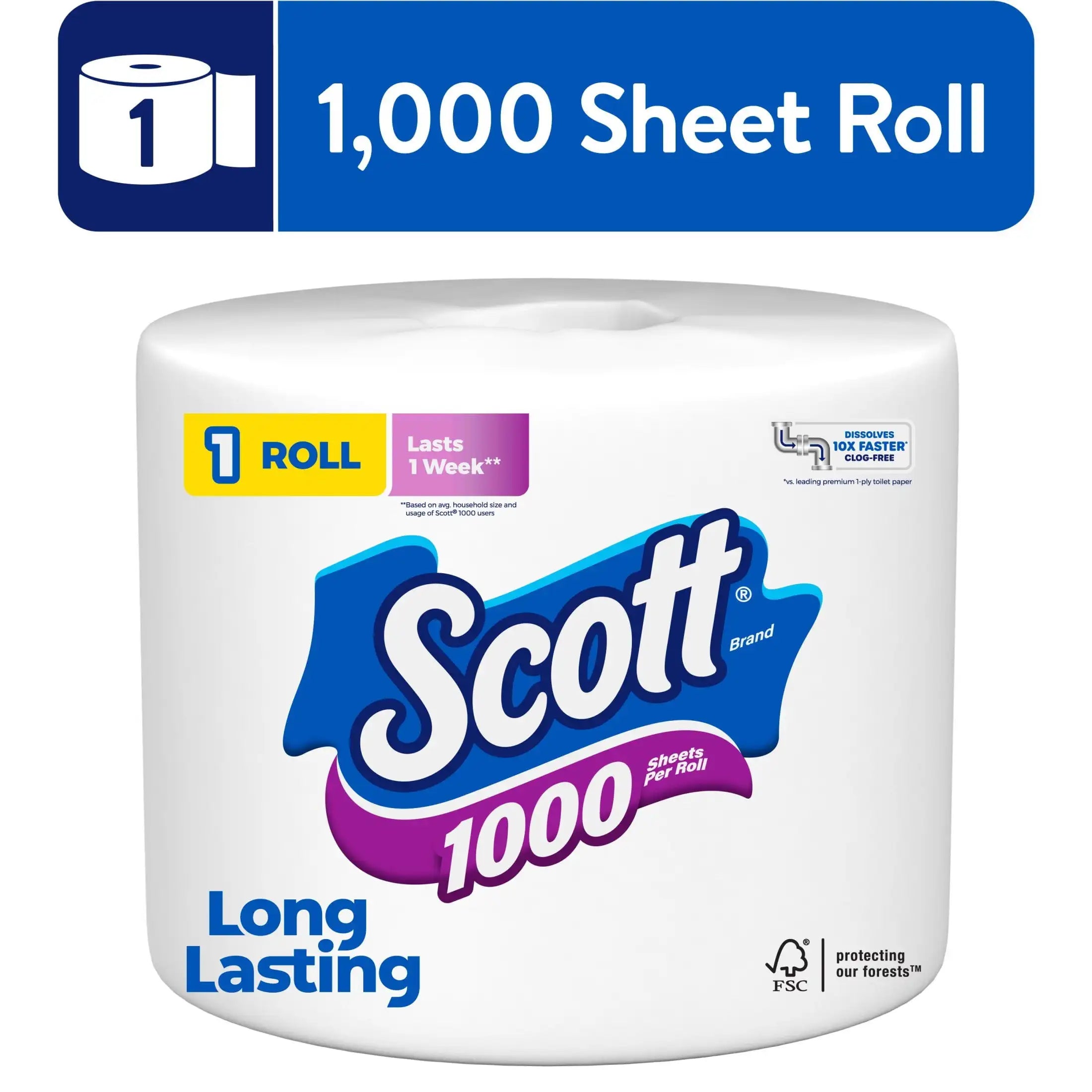 1000 Toilet Paper, 1 Roll, 1,000 Sheets per Roll